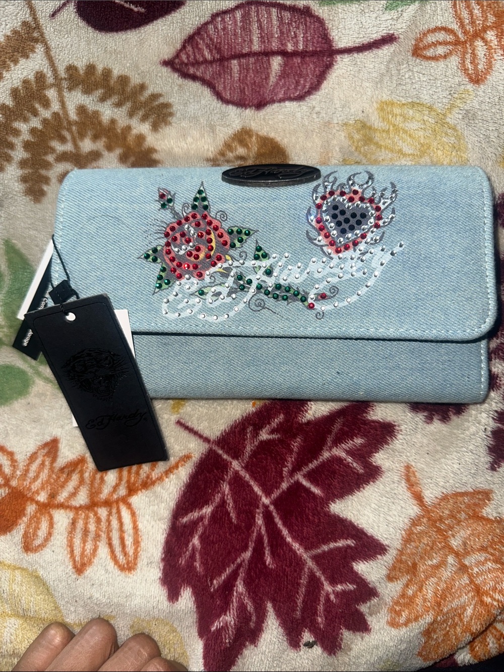 Ed Hardy Light Blue Denim Clutch with Floral Crystal Embellishments